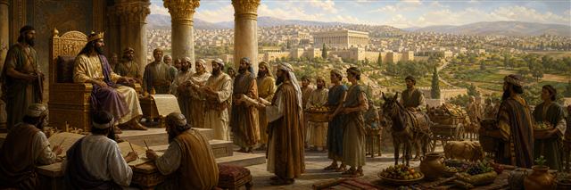 Solomon receiving regional officials as provisions arrive in peaceful Jerusalem